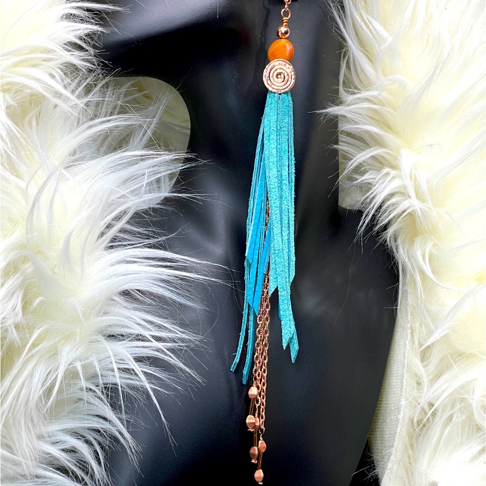 Natural Jasper And Genuine Turquoise Blue Leather Fringe And Copper Artisan - Picture 3 of 14